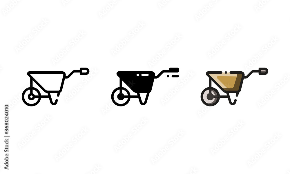 Wheelbarrow icon. With outline, glyph, and filled outline style Wheelbarrow icon. With outline, glyph, and filled outline style