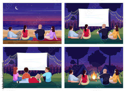 Weekend recreation semi flat vector illustration set. Lounge and rest for crowd. Watch film together. Look at sunset on beach. Friends outside 2D cartoon characters for commercial use collection