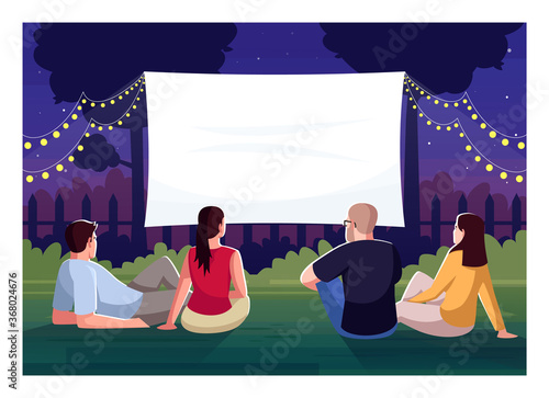 Backyard cinema watching semi flat vector illustration. Friends lounge in yard together. Large blank screen for weekend movie night. People outside 2D cartoon characters for commercial use