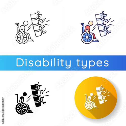 Spine injury icon. Fractured vertebrae. Handicapped patient in wheelchair. Health problem. Paralysis from spinal trauma. Damaged Linear black and RGB color styles. Isolated vector illustrations