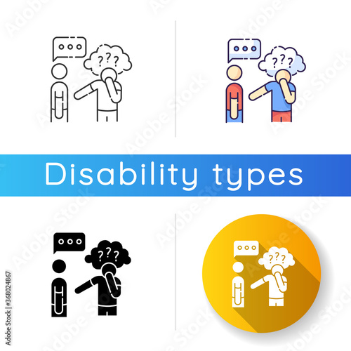 Asperger syndrome icon. Difficulty with communication. Social anxiety. Autistic spectrum. Speech impairment. Interaction problem. Linear black and RGB color styles. Isolated vector illustrations