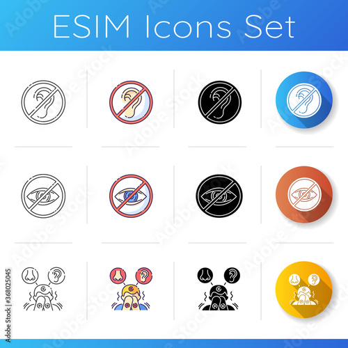 Sensory deprivation icons set. Hear impaitment. Legally blind. Lost of vision. Sensory hypersensitivity. Autistic patient. Linear, black and RGB color styles. Isolated vector illustrations