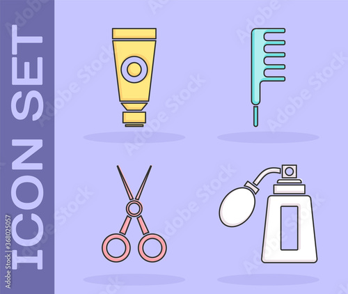 Set Aftershave bottle with atomizer, Cream or lotion cosmetic tube, Scissors hairdresser and Hairbrush icon. Vector.