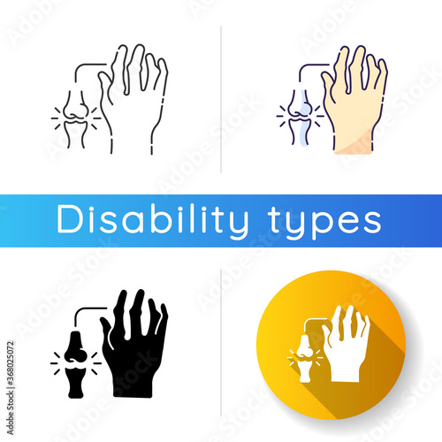 Rheumatoid arthritis icon. Pathological disease. Damaged bones in hand. Impact of chronic disorder for human arm. Injury in joint. Linear black and RGB color styles. Isolated vector illustrations