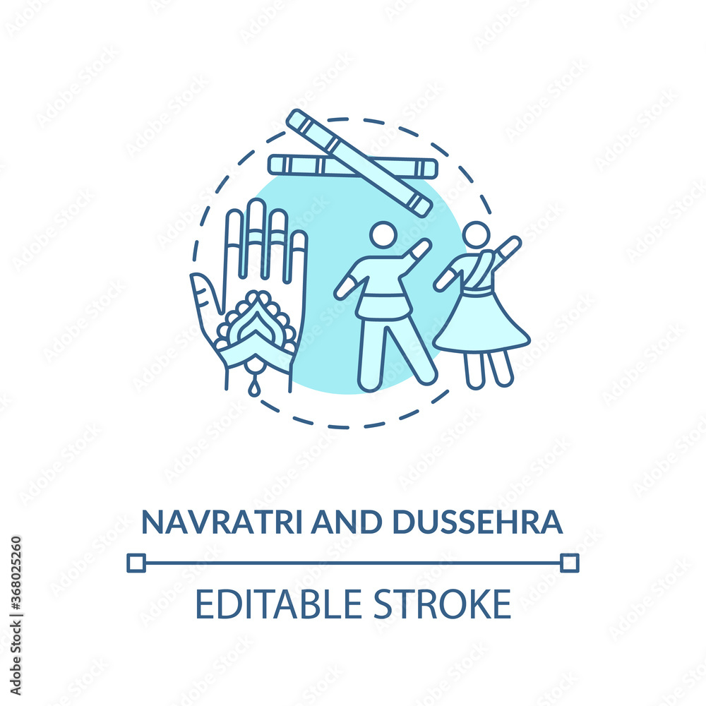 Navratri and dussehra concept icon. Hindu festival idea thin line illustration. Traditional indian accessories and celebrating people vector isolated outline RGB color drawing. Editable stroke