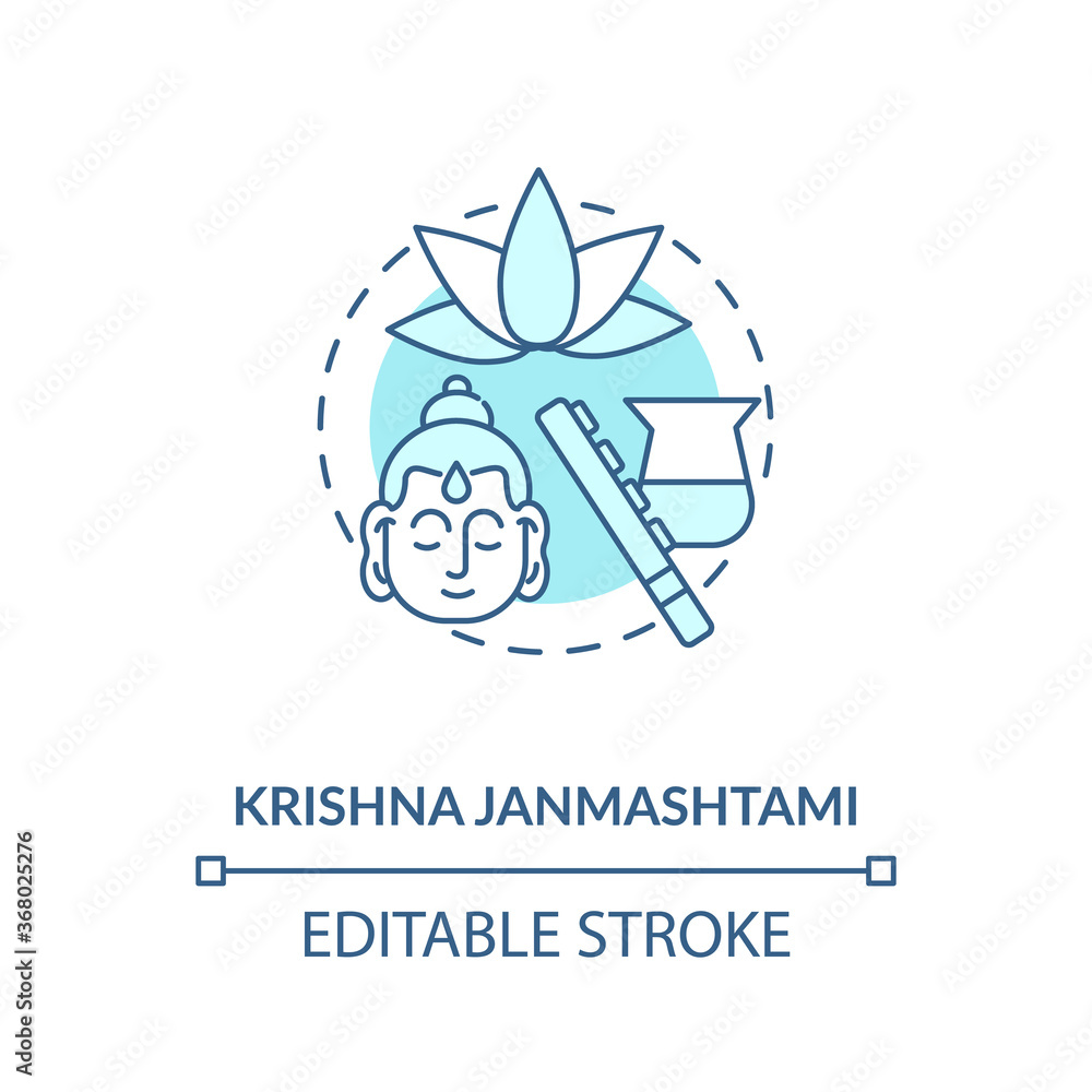 Krishna janmashtami concept icon. National indian festival, Krishna worship day idea thin line illustration. Religious holiday celebration. Vector isolated outline RGB color drawing. Editable stroke