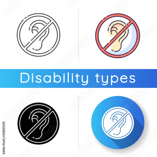 Deafness icon. Impaired hearing. Difficulty with communication. Deaf person. Loss of hearing. Medical condition. Avoid noise. Linear black and RGB color styles. Isolated vector illustrations