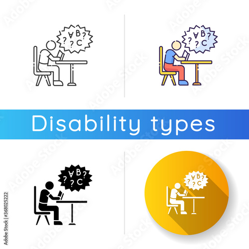 Dyslexia icon. Difficulty with reading book. Child with problem in education. Struggle with studying. Inclusive school. Linear black and RGB color styles. Isolated vector illustrations