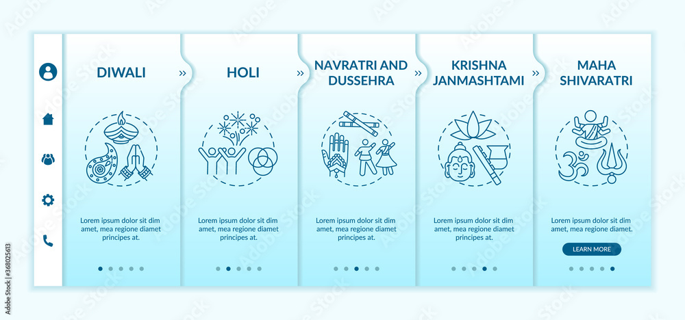 Top Hindu festivals onboarding vector template. Krishna Janmashtami. Navratri, and Dussehra. Responsive mobile website with icons. Webpage walkthrough step screens. RGB color concept