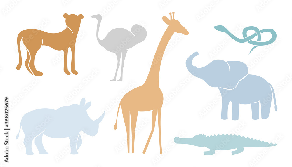 Abstract safari African animals vector set. Collection including giraffe, elephant, rhino, emu, snake, crocodile, cheetah..Scandinavian minimalist childish illustration. Abstract safari African animals vector set. Collection including giraffe, elephant, rhino, emu, snake, crocodile, cheetah..Scandinavian minimalist childish illustration.