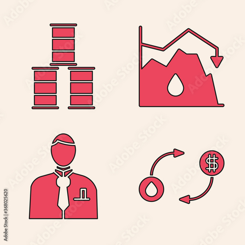 Set Oil exchange, Barrel oil, Drop in crude oil price and Businessman or stock market trader icon. Vector.