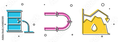 Set Barrel oil leak, Industry pipe and Drop in crude oil price icon. Vector.