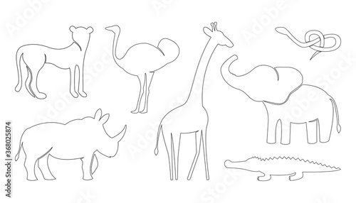 Abstract safari African animals vector set. Collection including giraffe, elephant, rhino, emu, snake, crocodile, cheetah. Line art outline minimalist illustration.