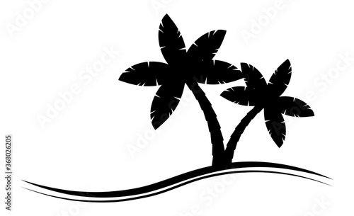 Palmtree silhouette graphic emblem isolated on white. Black-and-white palm tree pictogram with copy space. Illustration of tropical palm scenery for vacations at maldives, bahamas or hawaii.