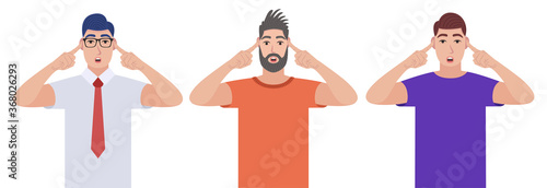 Men covering ears with fingers with annoyed expression for the noise of loud sound or music while standing. Men doesn't want to listen. Character set. Vector illustration in cartoon style.