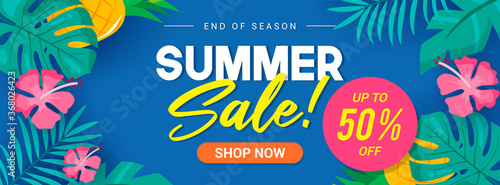 Summer Sale Banner Vector illustration. Tropical leaves with Hibiscus flowers and Pineapple on blue background