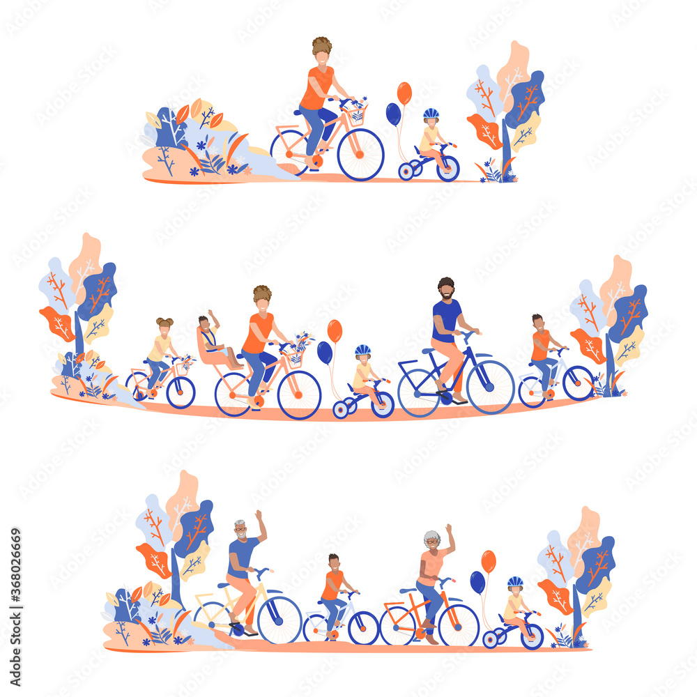 Fototapeta premium Horizontal banners set family on bicycles. Young people, children, seniors and bicycles. Sports and recreation with the family. Flat color illustrations isolated on white background.