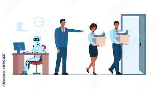 The robot is in the workplace, and people is fired. Artificial intelligence has replaced humans, they lost her job due to robotics. Business people .africans, unemployment. Flat vector isolated