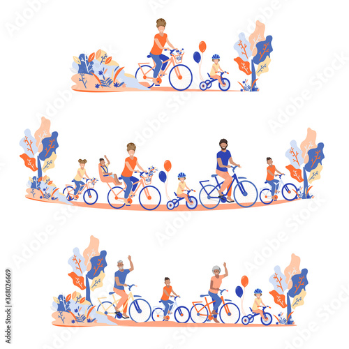 Horizontal banners set family on bicycles. Young people, children, seniors and bicycles. Sports and recreation with the family. Flat color illustrations isolated on white background.