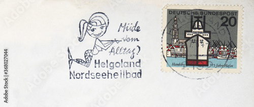 vintage retro gestempelt used briefmarken stamps alt old post letter mail brief Helgoland Nordseebad slogan werbung meerjungfrau mermaid müde vom alltag Hamburg Hafe Schiff ship photo