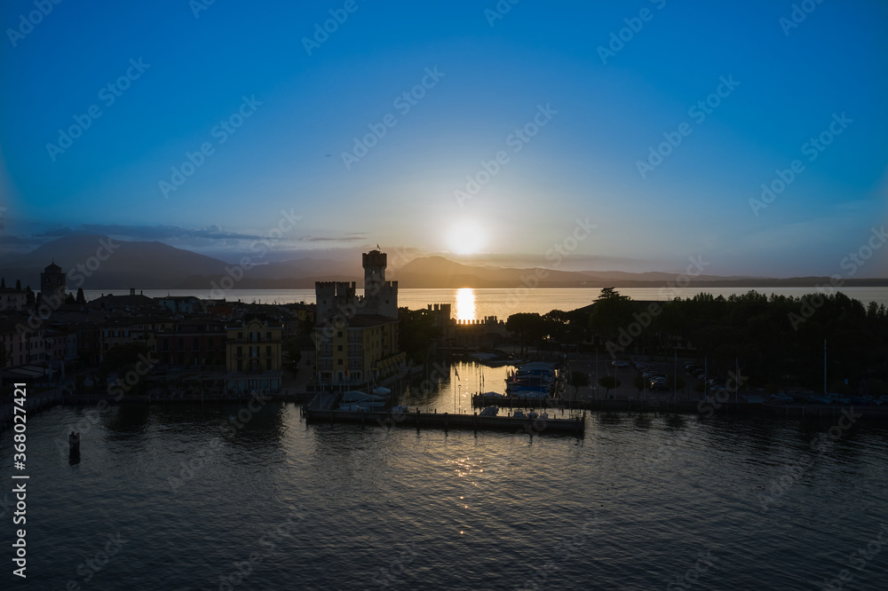 Sunrise over Sirmione, Lake Garda Italy. Aerial view
