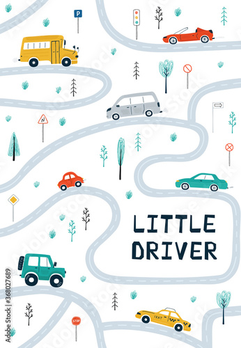 Children's posters with cars, road map and lettering Little driver in cartoon style. Cute illustrations for children's room design, postcards, prints for clothes. Vector