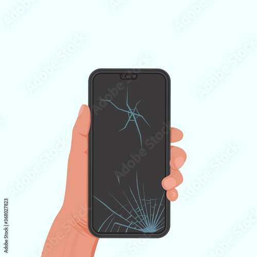 Phone with a cracked screen in a hand. Vector illustration in flat style