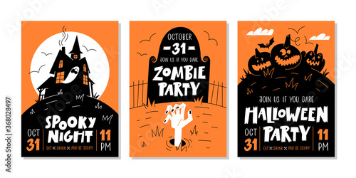 Vector set of Halloween party invitations or greeting cards with handwritten text and traditional symbols.