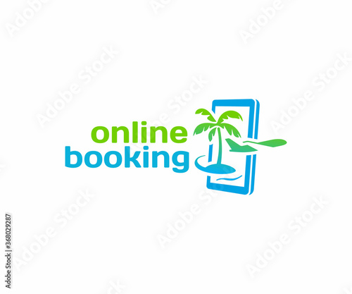 Online travel booking logo design. Flight ticket booking vector design. Summer holiday vacation with smartphone and plane logotype