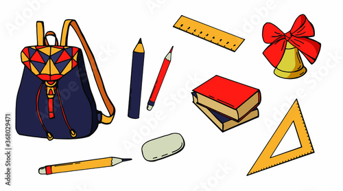 Back to school. School set of elements. White background, isolator. Cartoon style. Stock illustration.