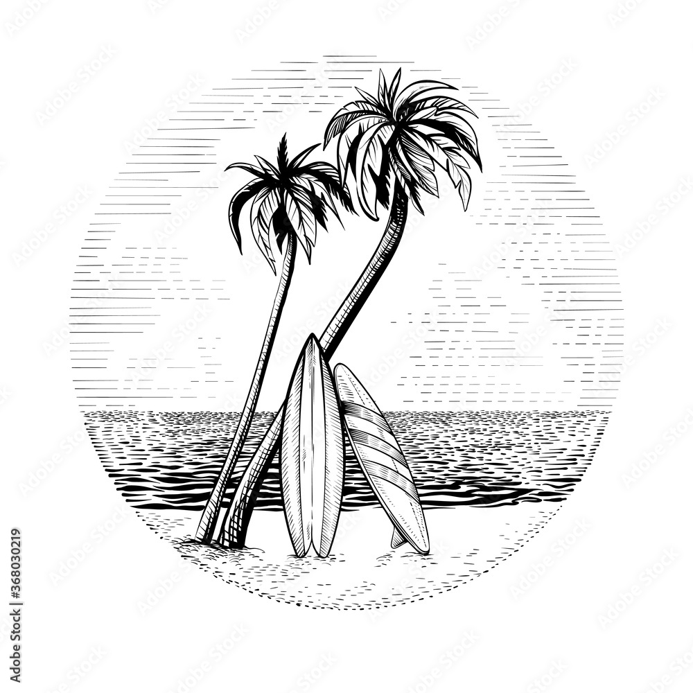 Surfboards under the palm trees, vector beach surfing round design. - obrazy, fototapety, plakaty 