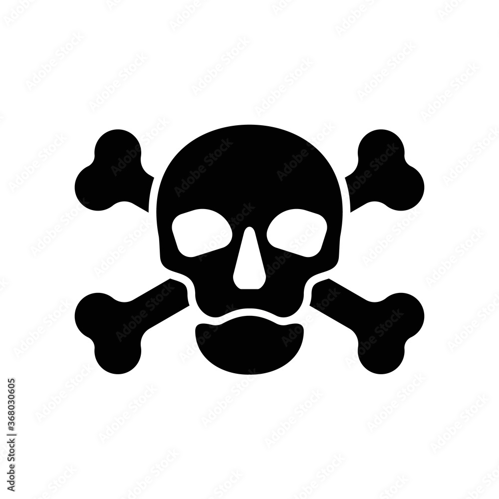 Silhouette human skull in full face and crossbones. Isolated illustration in flat style on white background. Poison sign and symbol for design. An image of danger to humans. Icon of hazard to life Silhouette human skull in full face and crossbones. Isolated illustration in flat style on white background. Poison sign and symbol for design. An image of danger to humans. Icon of hazard to life