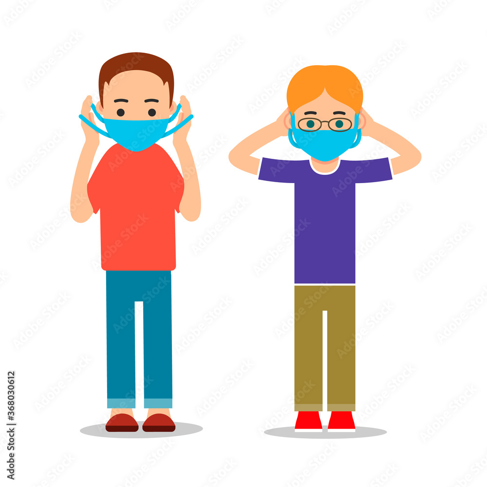 Young man and woman puts on virus mask. Corona virus hygiene. Health care. Healthy lifestyle during an outbreak flu infection. Respiratory protection. Flat illustration isolated white background