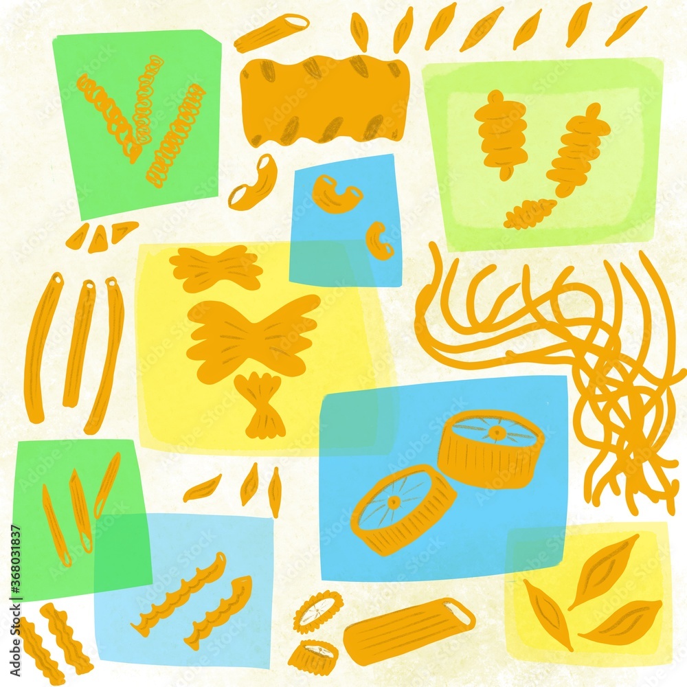 Set with Pasta macaroni of different shapes shells round macaroni in squares of blue green yellow for the background of labels magazines advertising