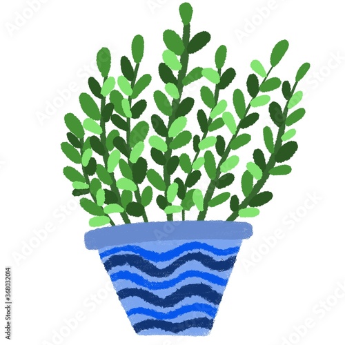 Flower in a pot with an ornament with green leaves of different sizes for postcards textiles design of articles websites