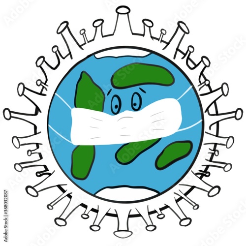 the globe the land that was hit by a masked coronavirus green continents seas and oceans for the design of medical articles websites magazines