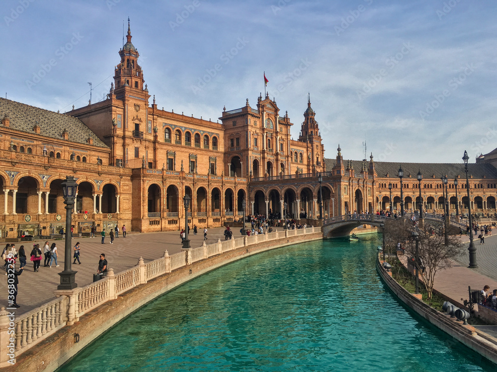 Plaza de España, Sevilla, Spain. Amazing view of the plaza at sunset with stunning colors