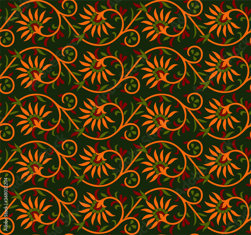  Seamless geometrical floral pattern with green background.