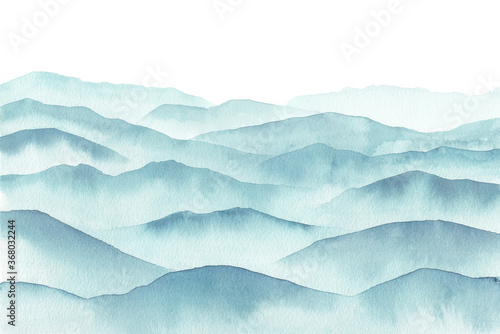 Canvas Print abstract indigo blue watercolor smoky mountains, Hand drawn illustration of beau