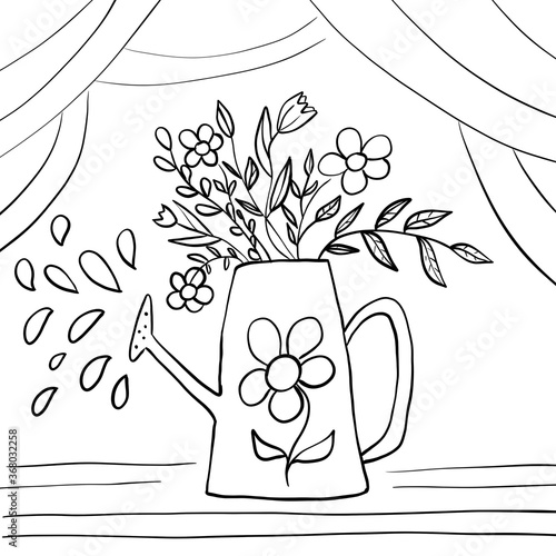 Watering can with flowers daisies Tulips with branches of leaves and the black and white colors to paint with patterns and ornaments for design magazines, books Antistress sites