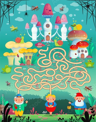 Vector illustration. Fun game labyrinth  maze for Children. Which gnome lives in which mushroom house 