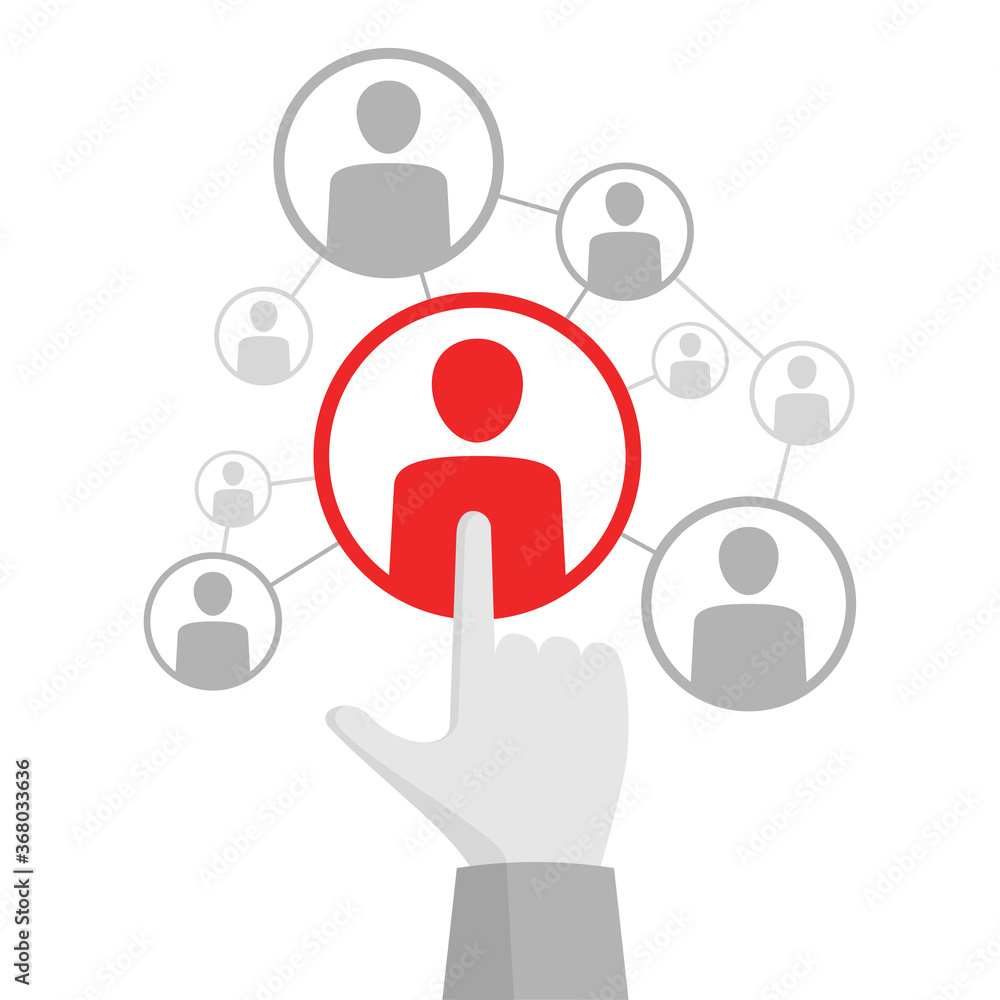 Networking concept - vector flat icon with hand showing forefinger on people avatar - social media or community illustration Networking concept - vector flat icon with hand showing forefinger on people avatar - social media or community illustration
