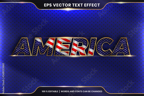 Text effect in 3d America words, text effect theme editable metal gold color concept