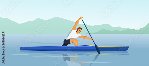 Sports male athlete trains on a kayak. In a pose with support on one knee, he paddles. Canoe training in the middle of a picturesque river. Vector flat design character illustration.