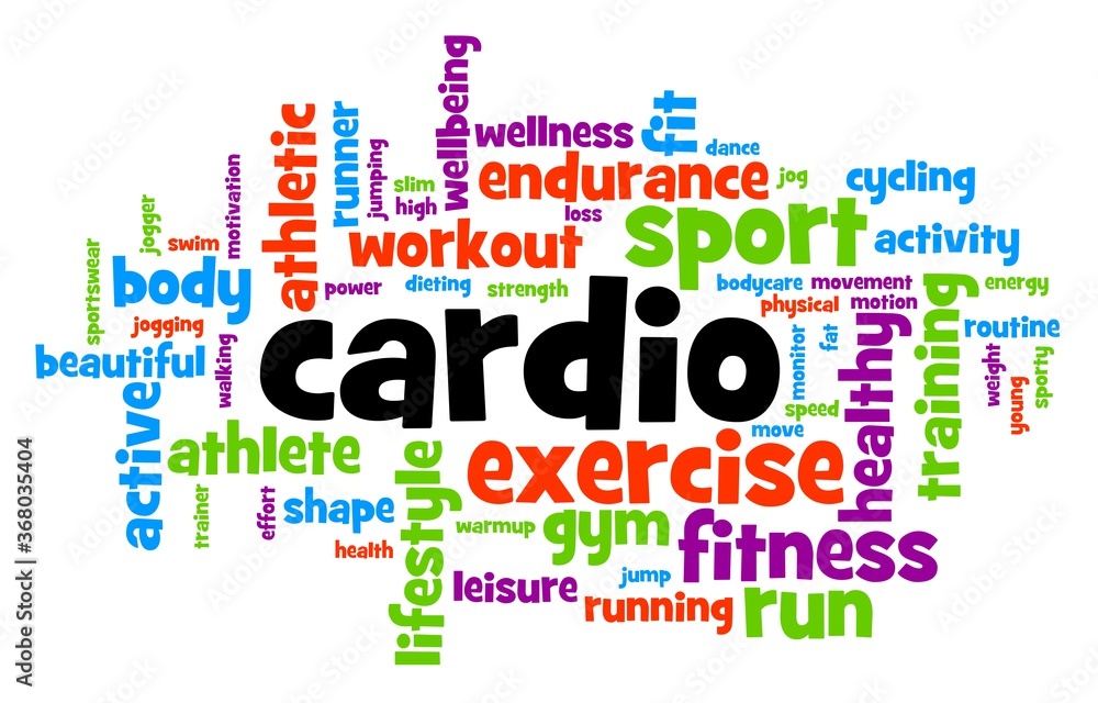 Fototapeta premium Wordcloud of tags connected with cardio exercise with long periods of medium heart pulse rate