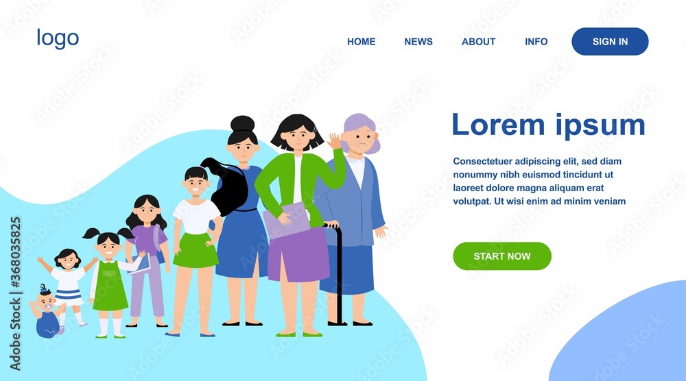 Cartoon woman in different age flat vector illustration. Female character growing cycle from child to old person. Generation and life development concept Cartoon woman in different age flat vector illustration. Female character growing cycle from child to old person. Generation and life development concept