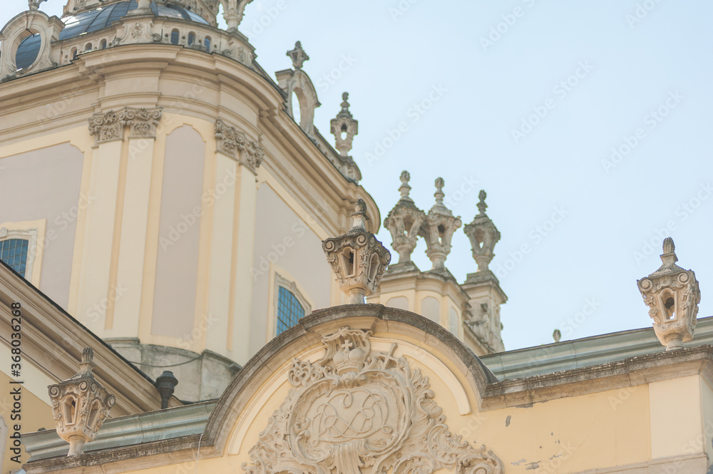 Architectural elements of the facade of old European temples