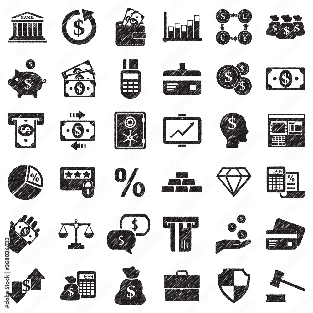 Banking Icons. Black Scribble Design. Vector Illustration. Banking Icons. Black Scribble Design. Vector Illustration.