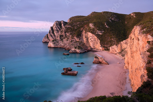 High angle shot of the Ribeira do Cavalo beach in Sesimbra, Portugal.