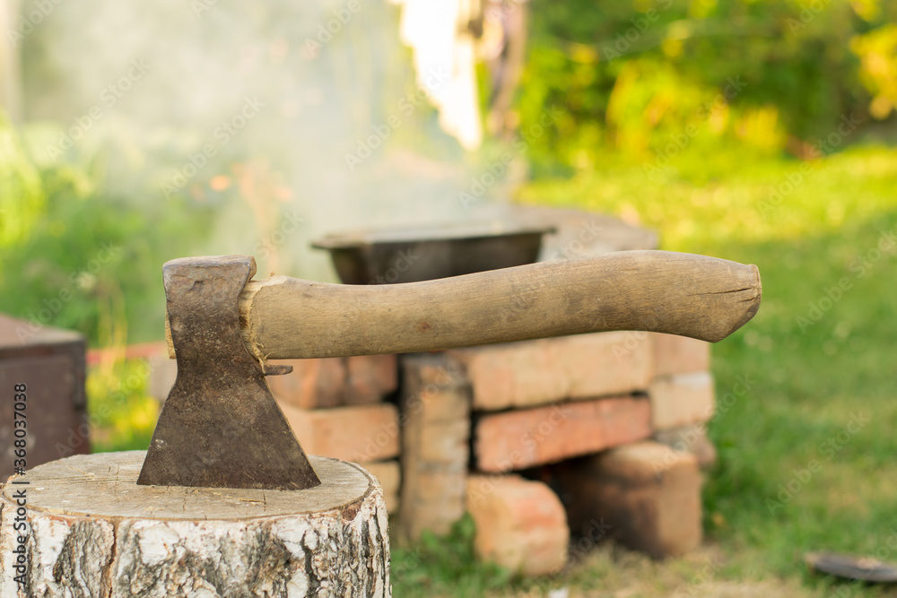 Old ax against a background of green grass. Cleaver. Old ax against a background of green grass. Cleaver.
